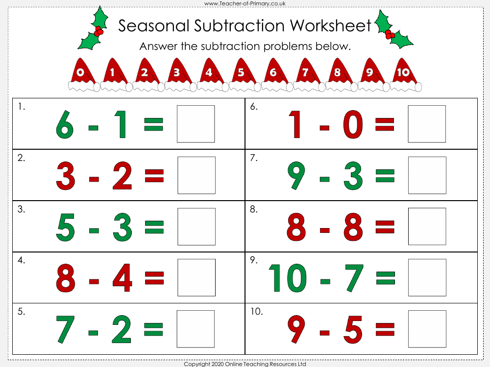 Seasonal Subtraction - Worksheet