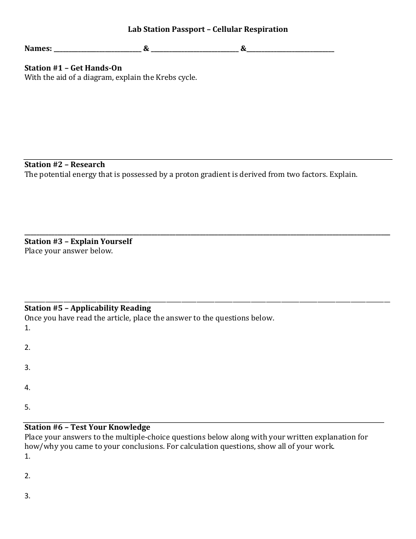 Cellular Respiration - Lab Station Passport