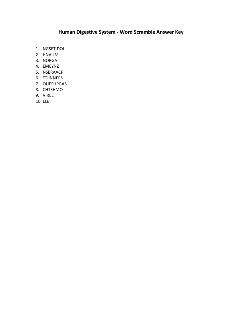 The Human Digestive System - Word Scramble