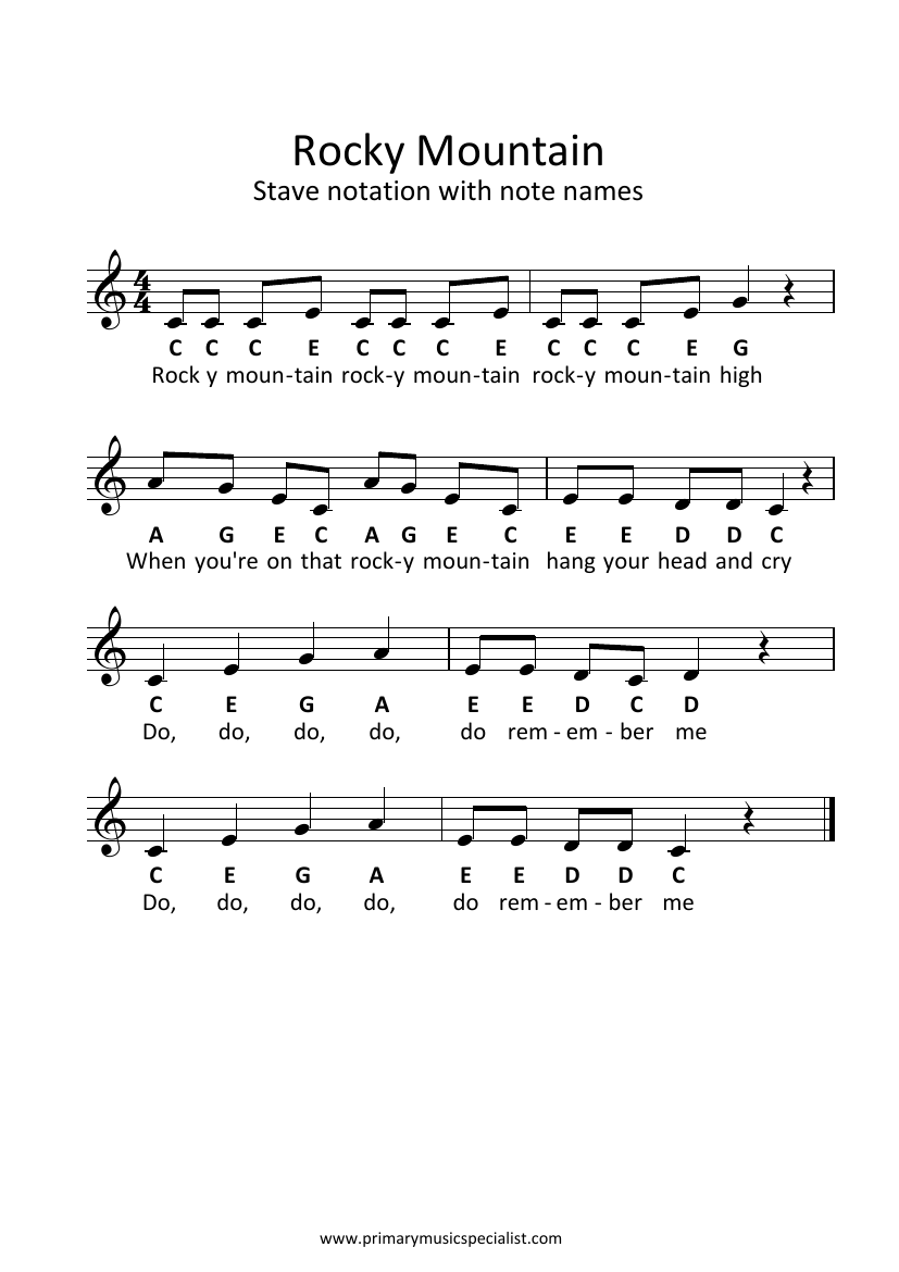 Instrumental Year 6 Stave Notation Sheets - Rocky mountain stave notation note names