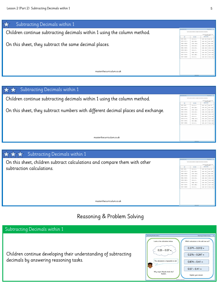 Decimals -  Subtracting Decimals within 1 (2) - Worksheet