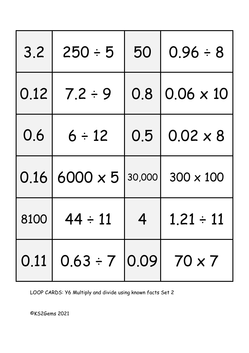 Loop Card Game - Multiply and divide using known facts Set 2