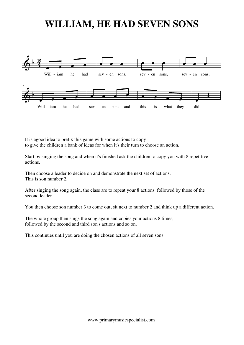 Singing Games Reception Notations - William he had seven sons