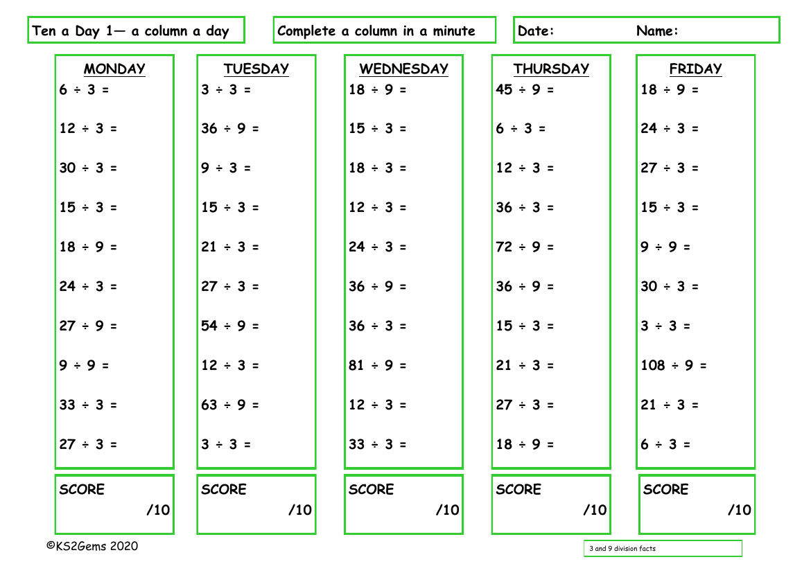 Ten a Day  3 and 9 Division Facts