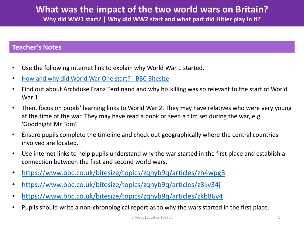 Why did World War 1 start? Why did World War 2 start and what part did Hitler play in it? - Teacher's Notes