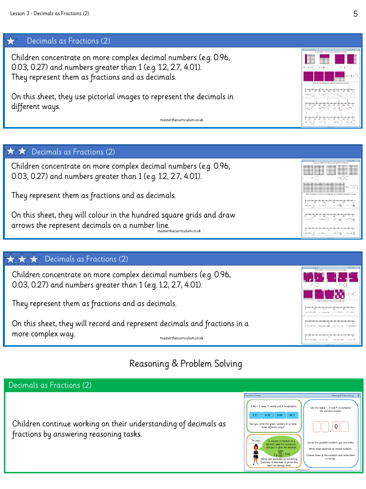 Decimals and Percentages - Decimals as Fractions (2) - Worksheet