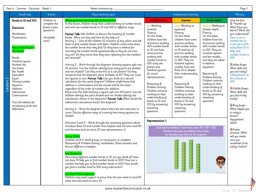 Decimals - Bonds to 10 and 100 - Planning