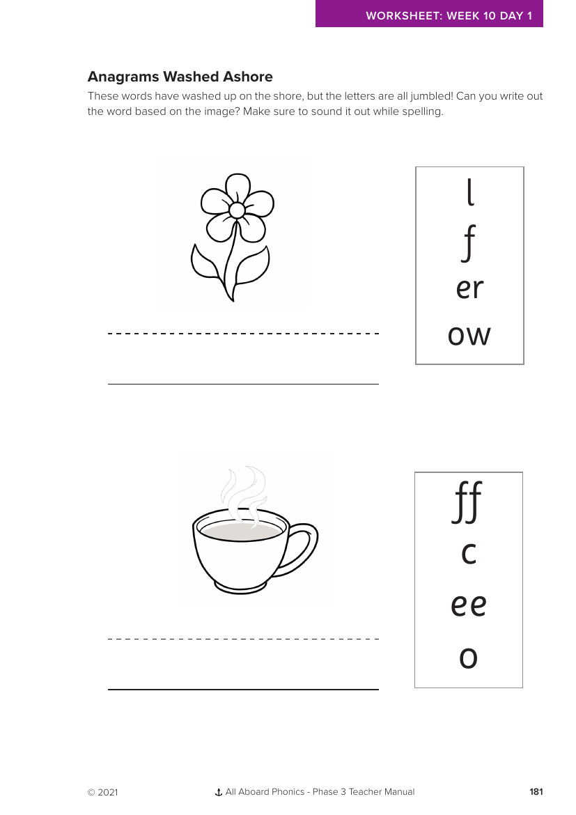 Week 10, lesson 1 Anagrams Washed Ashore writing activity - Phonics Phase 3,  - Worksheet