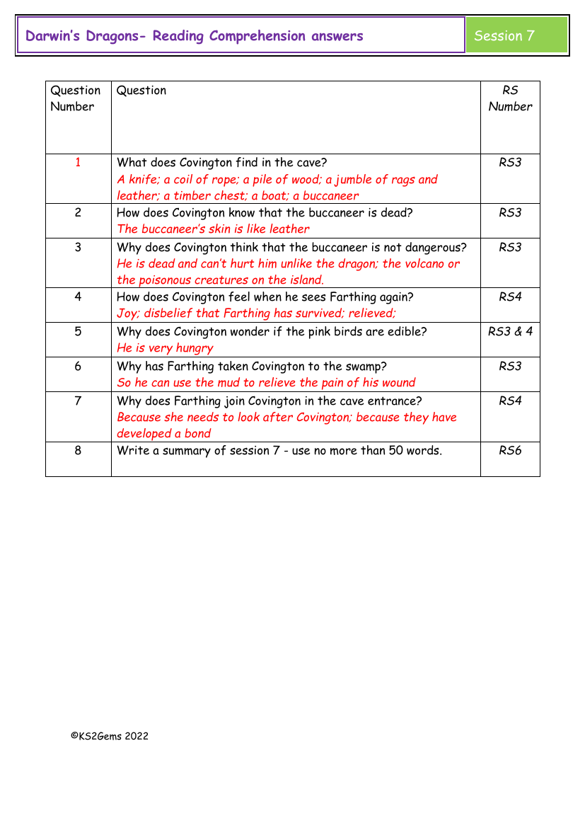 Darwin's Dragons - Session 7 - Reading Comprehension answers