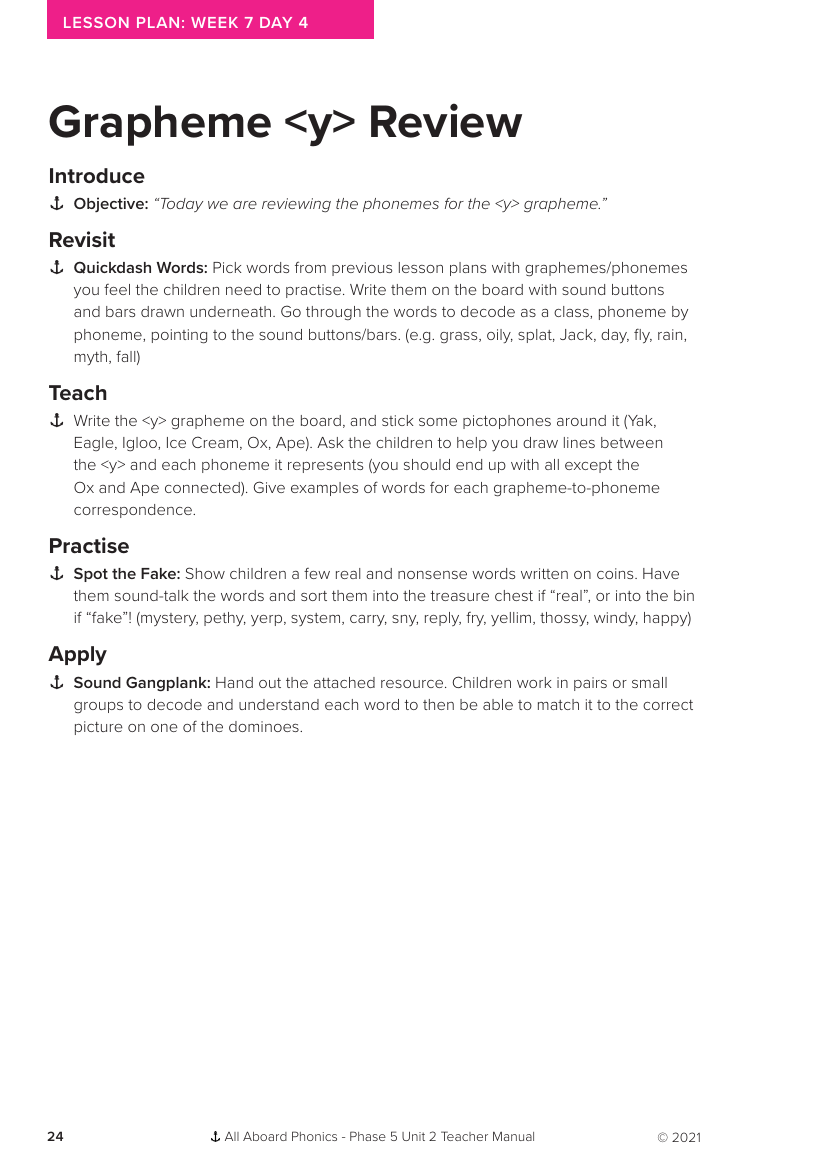 Week 7, lesson 4 Grapheme "y" Review - Phonics Phase 5, unit 2 - Lesson plan