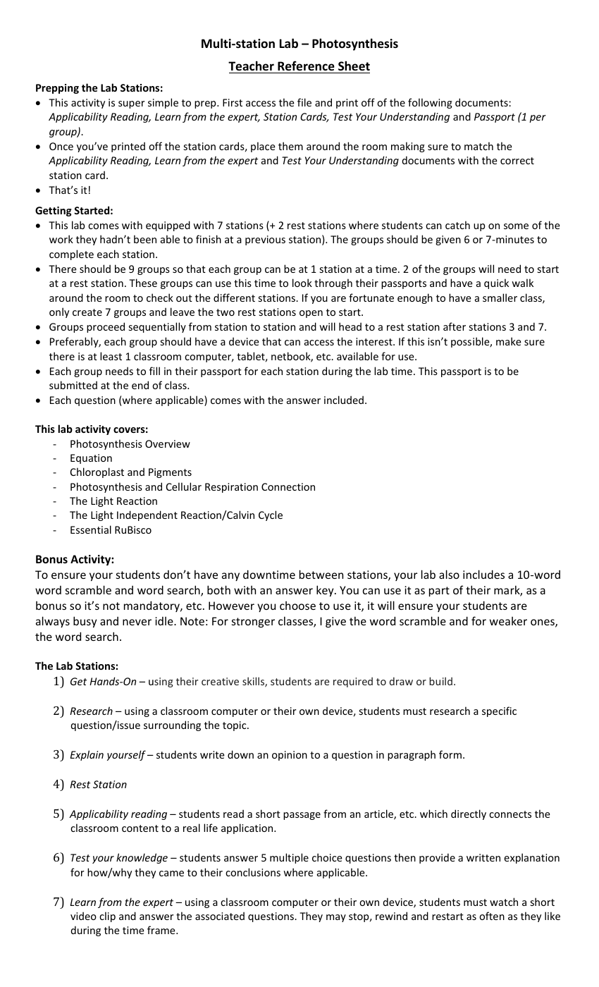 Photosynthesis - Activity Instructions