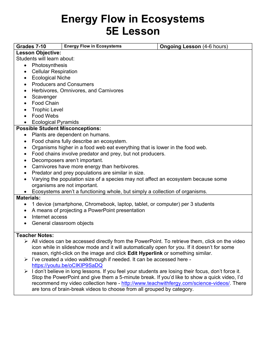 Energy Flow In Ecosystems - Teaching Timeline | Science 7th Grade