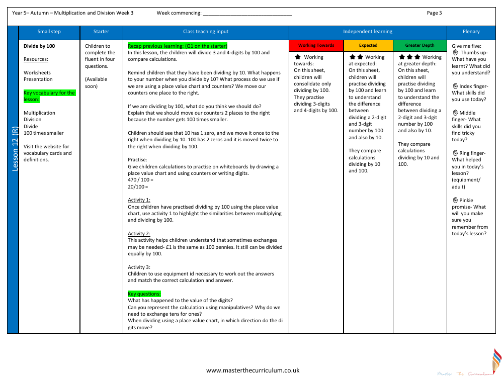 Multiplication and Division (1) - Divide by 100 - Planning