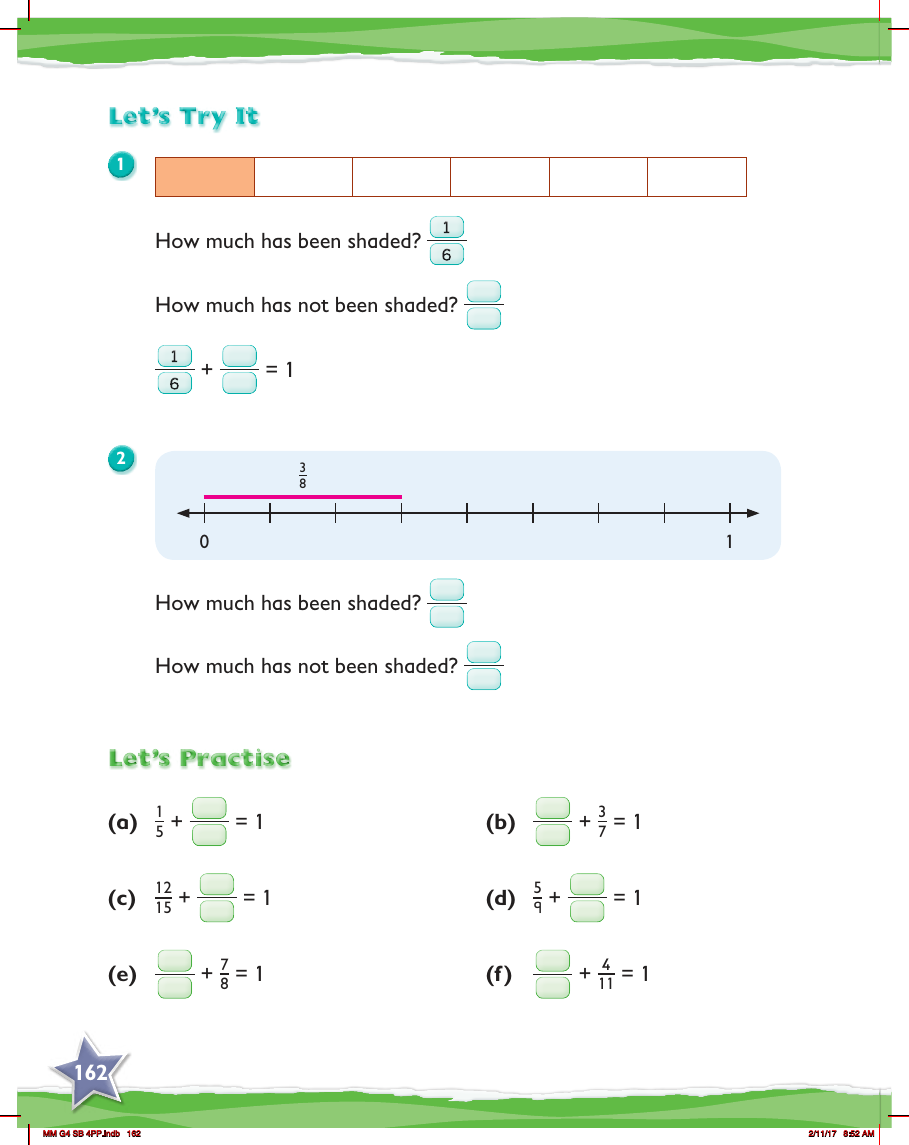 Max Maths, Year 4, Try it, Identifying fractions with a total of 1