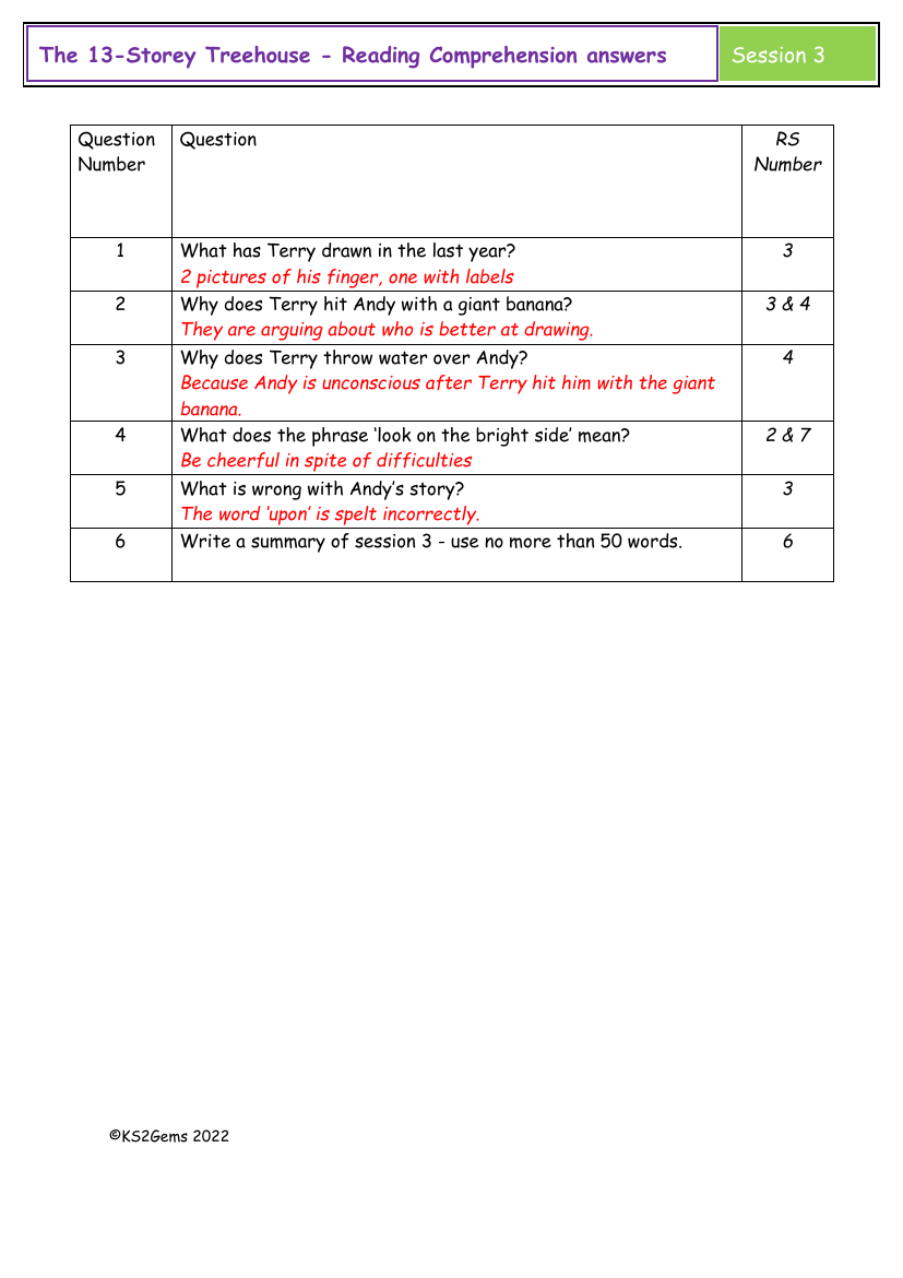 The 13-Storey Treehouse - Session 3 - Reading Comprehension answers