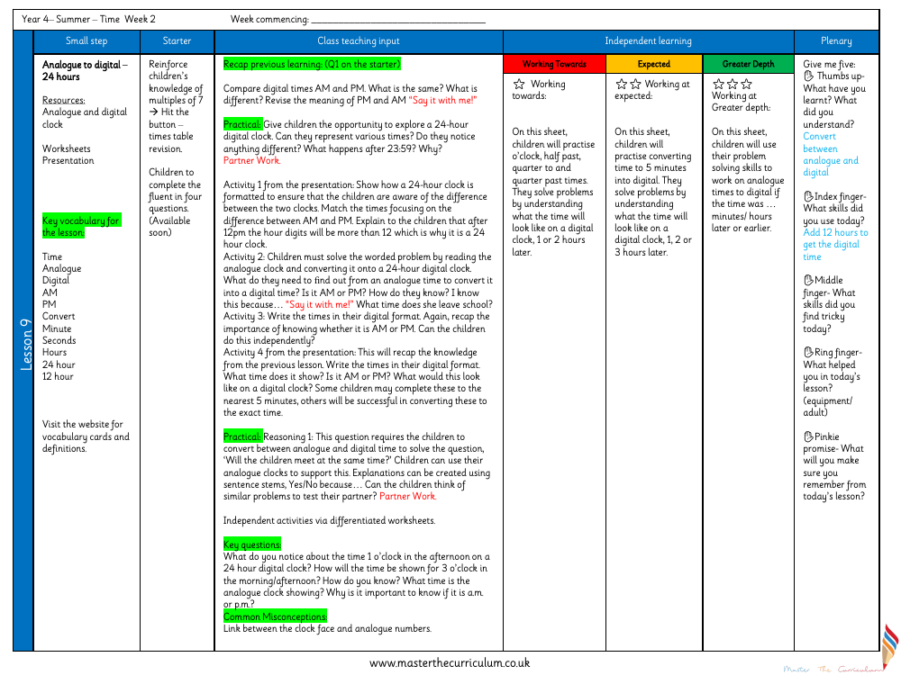 Time - Analogue to Digital 24 hour- Planning