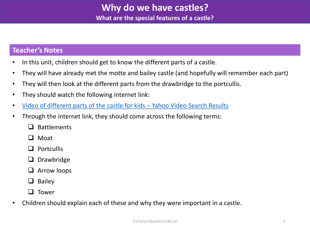 What are the special features of a castle? - Teacher notes