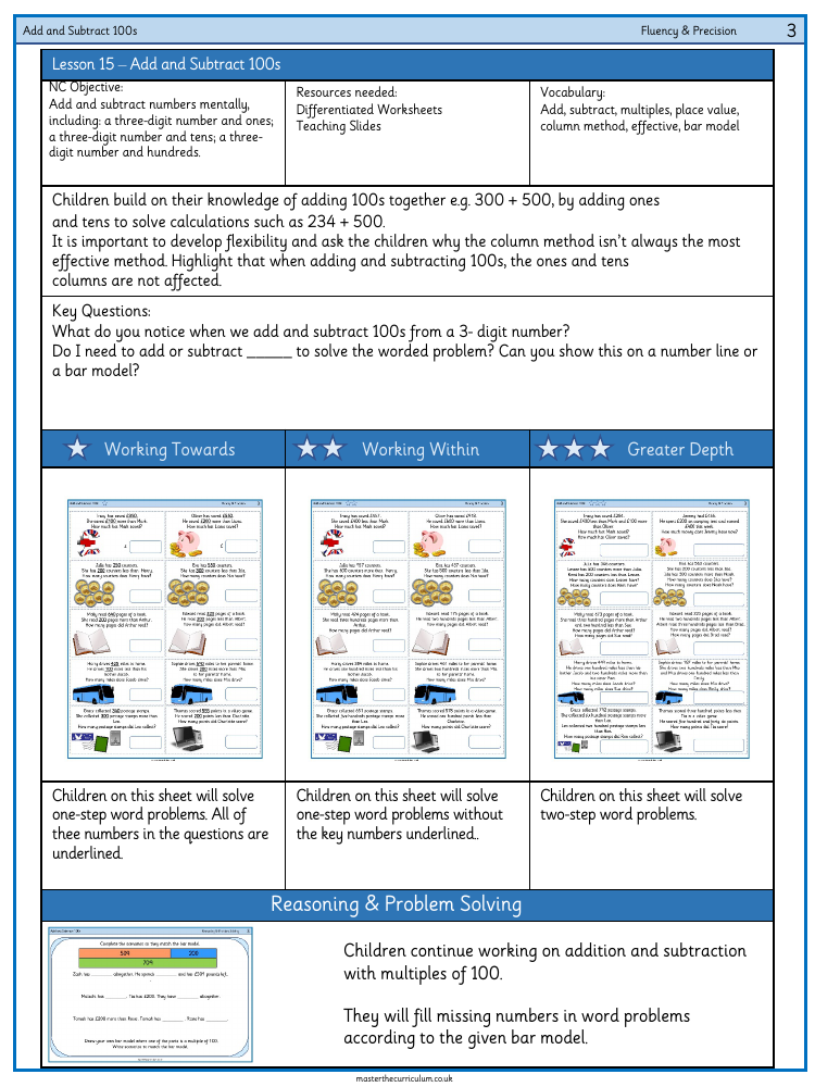 Addition and subtraction - Add and subtract 100s word problems - Worksheet