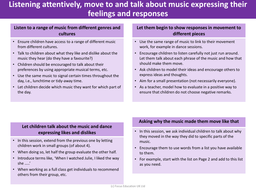 Listening attentively, move to and talk about music expressing their feelings and responses - Lesson