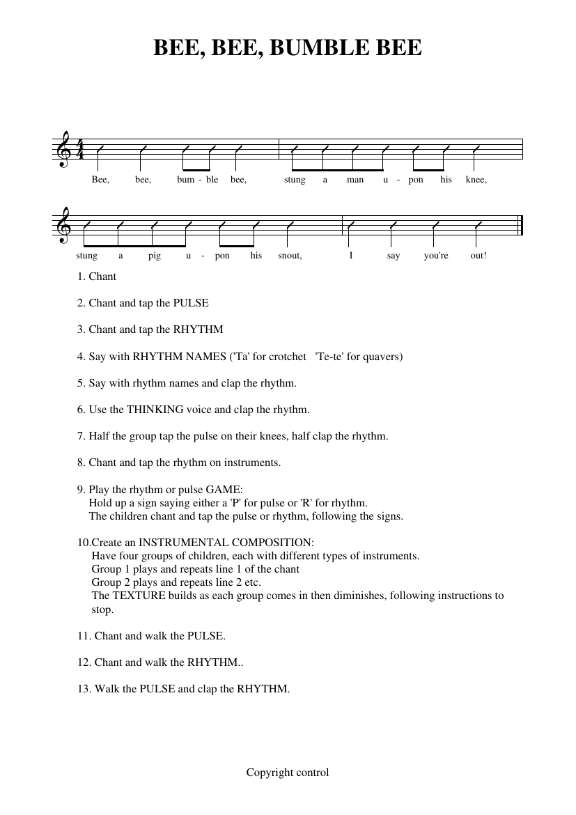 Rhythm and Pulse Reception Notations - Bee, bee, bumble bee