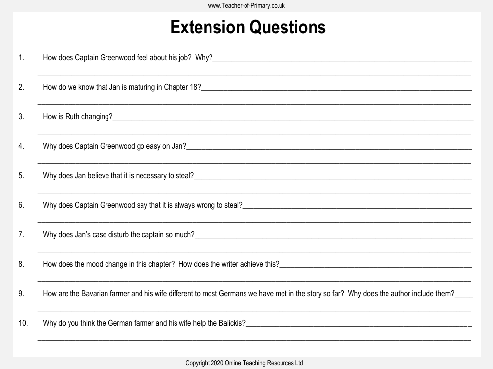 The Silver Sword - Lesson 12 - Extension Questions Worksheet