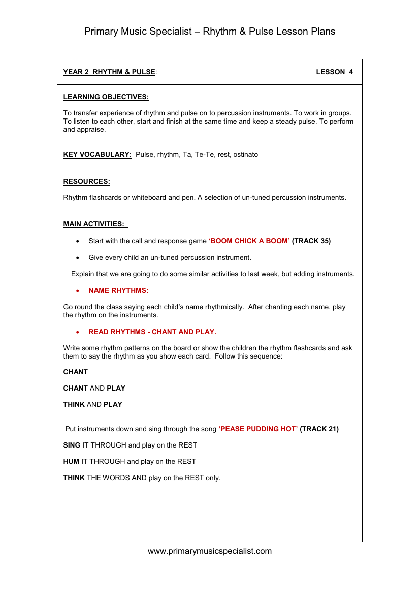 Rhythm and Pulse Lesson Plan - Year 2 Lesson 4