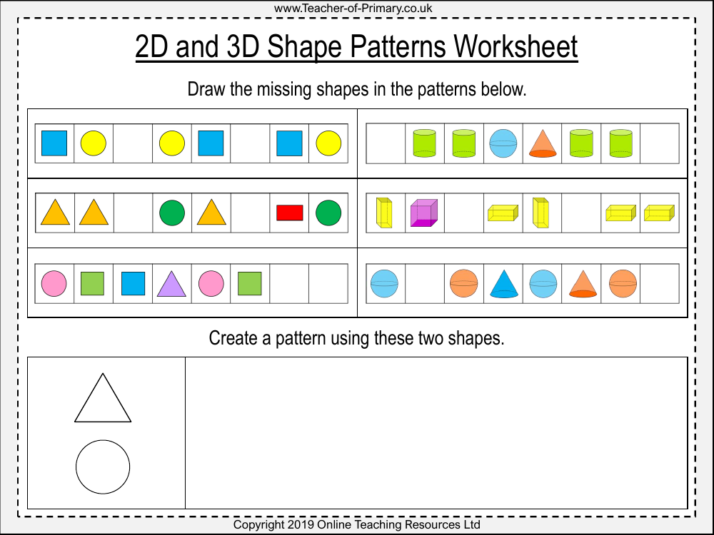 2D And 3D Shape Patterns Worksheet Math Kindergarten