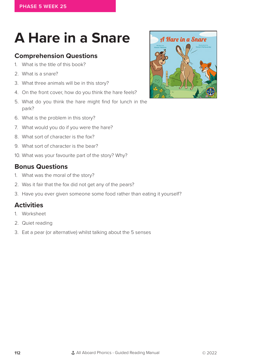 Week 25, Guided Reading "A Hare in a Snare" - Phonics Phase 5 - Worksheet