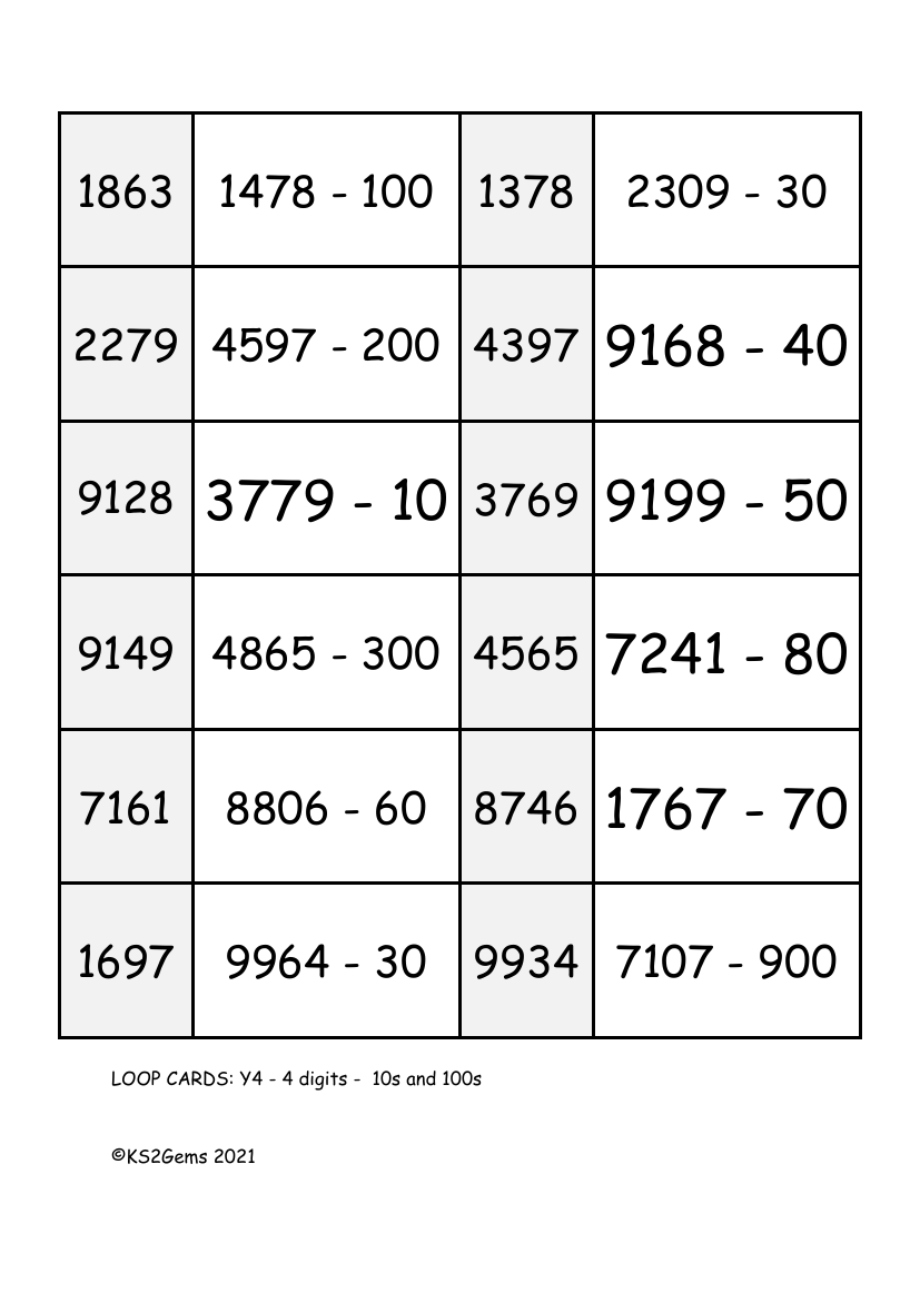 Loop Card Game - 4 digits subtracting 10s and 100s