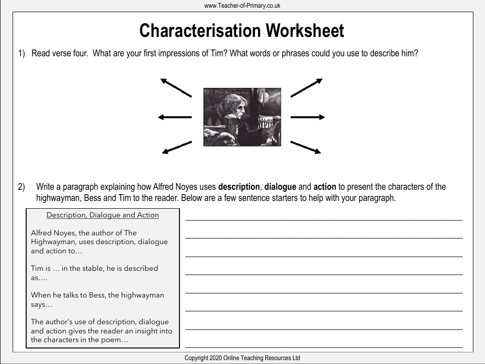 The Highwayman Lesson 3 Characterisation Worksheet English Year 5