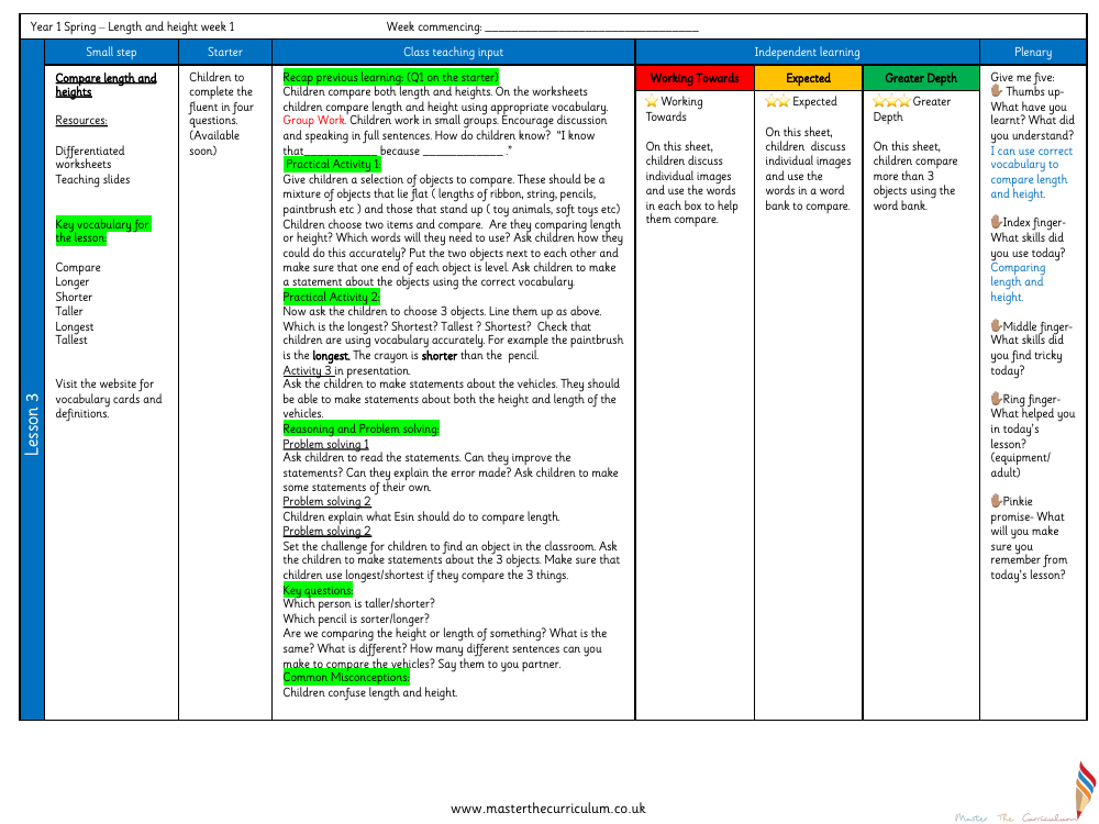 Length and height - Compare lengths and heights - Planning