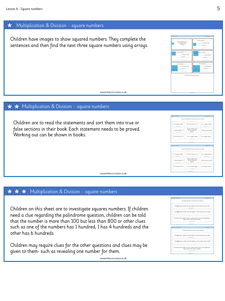 Multiplication and Division (1) - Square Numbers (2) - Worksheet