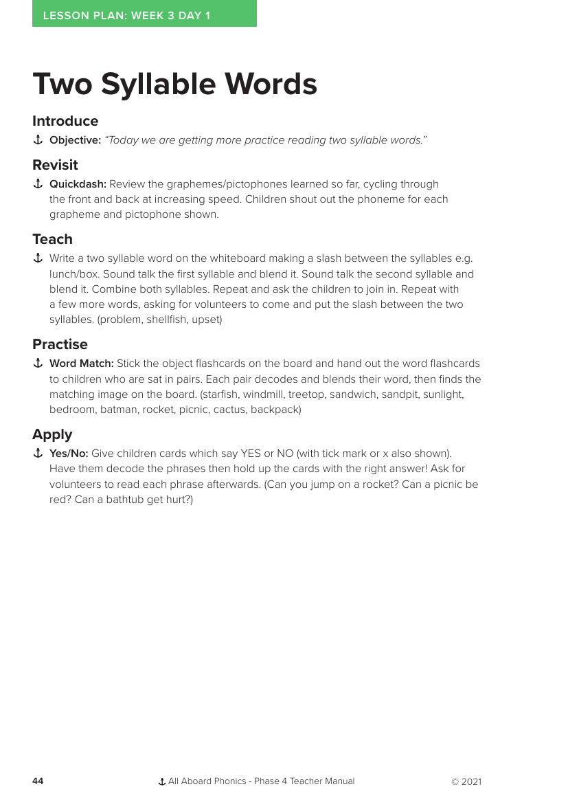 Week 3, lesson 1 Two Syllable Words - Phonics Phase 4 - Lesson plan