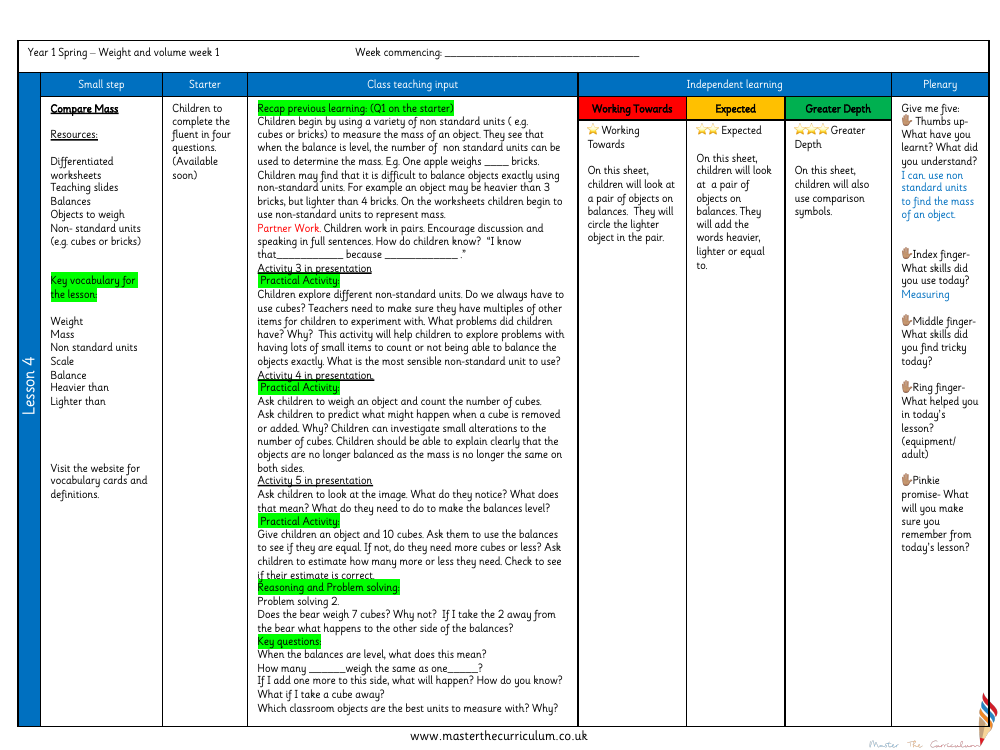 Weight and volume - Compare mass - Planning