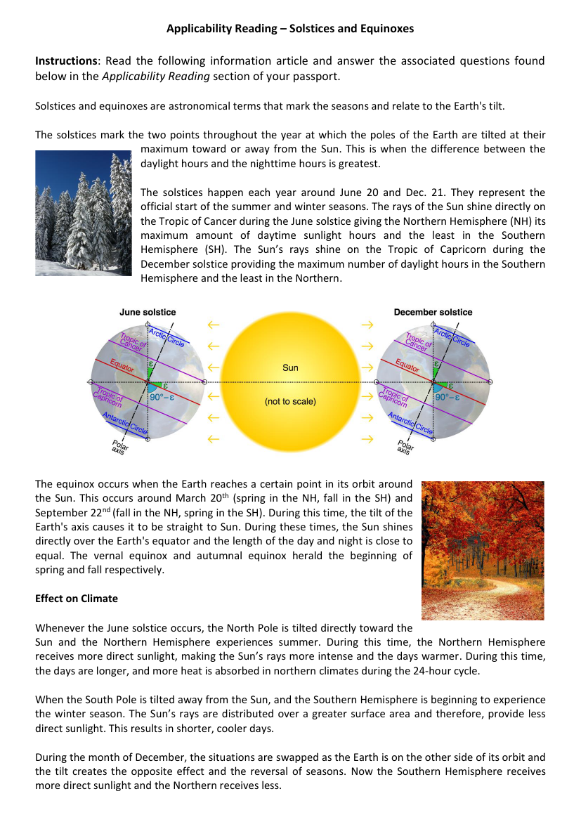 Earth's Seasons - Applicability Reading