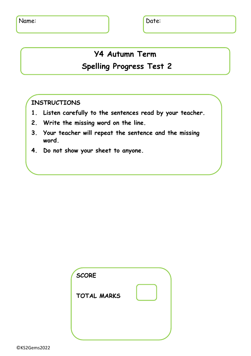 Autumn Term Spelling Progress Test 2