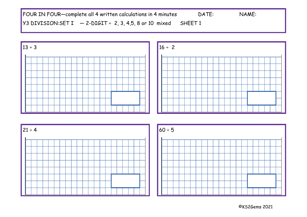 Four in Four - Division Set I 2 digit number 2, 3, 4, 5, 8 or 10 mixed