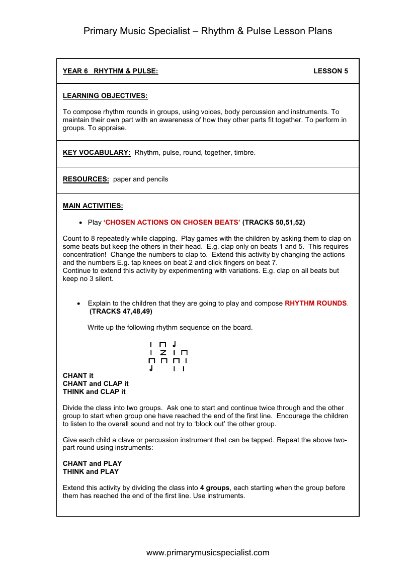 Rhythm and Pulse Lesson Plan - Year 6 Lesson 5