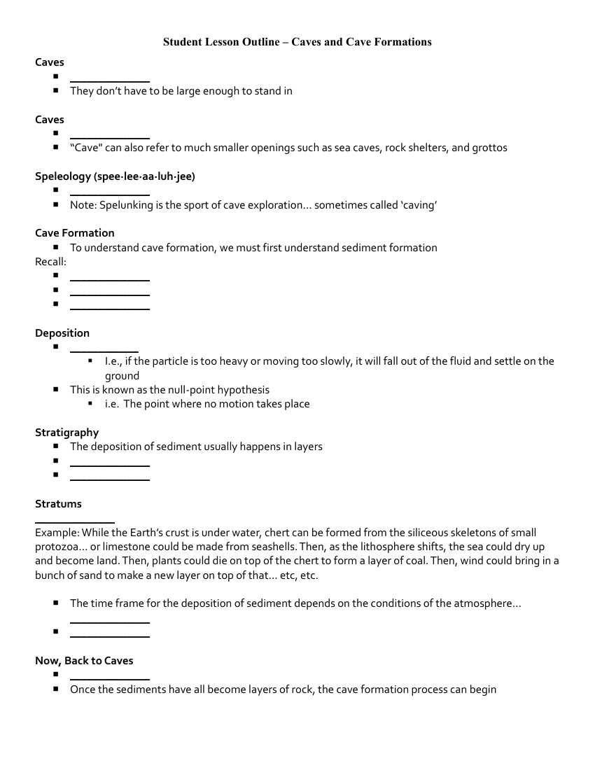 Caves and Cave Formation - Student Lesson Outline