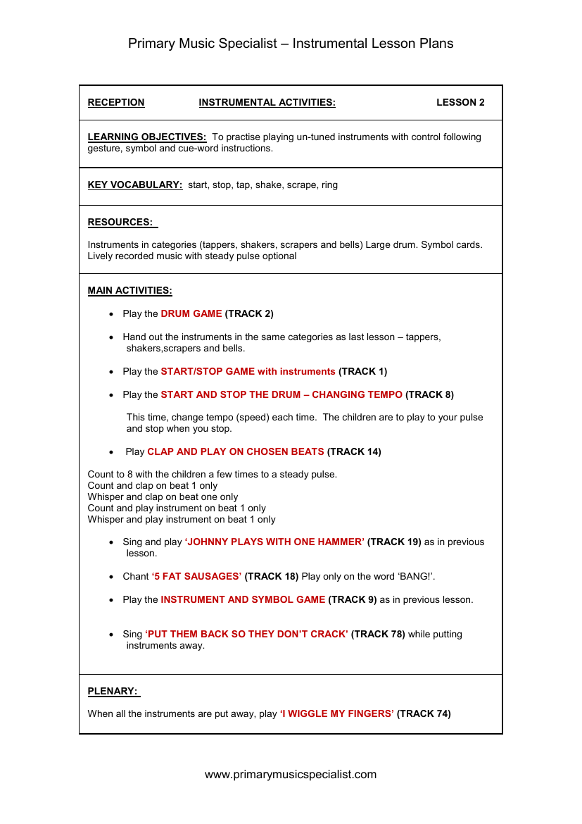 Instrumental Lesson Plan - Reception Lesson 2