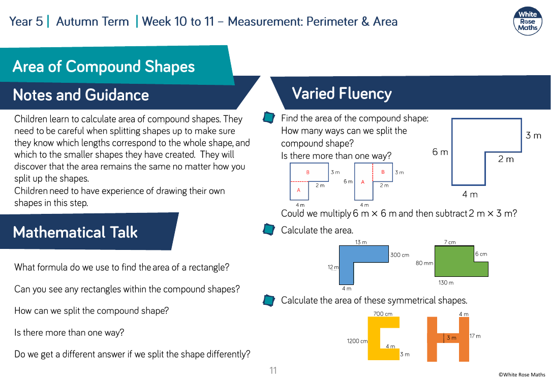 Area of compound shapes: Varied Fluency