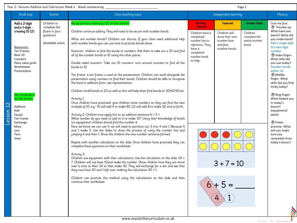 Addition and subtraction - Add two-digit and one-digit numbers 2 - Planning