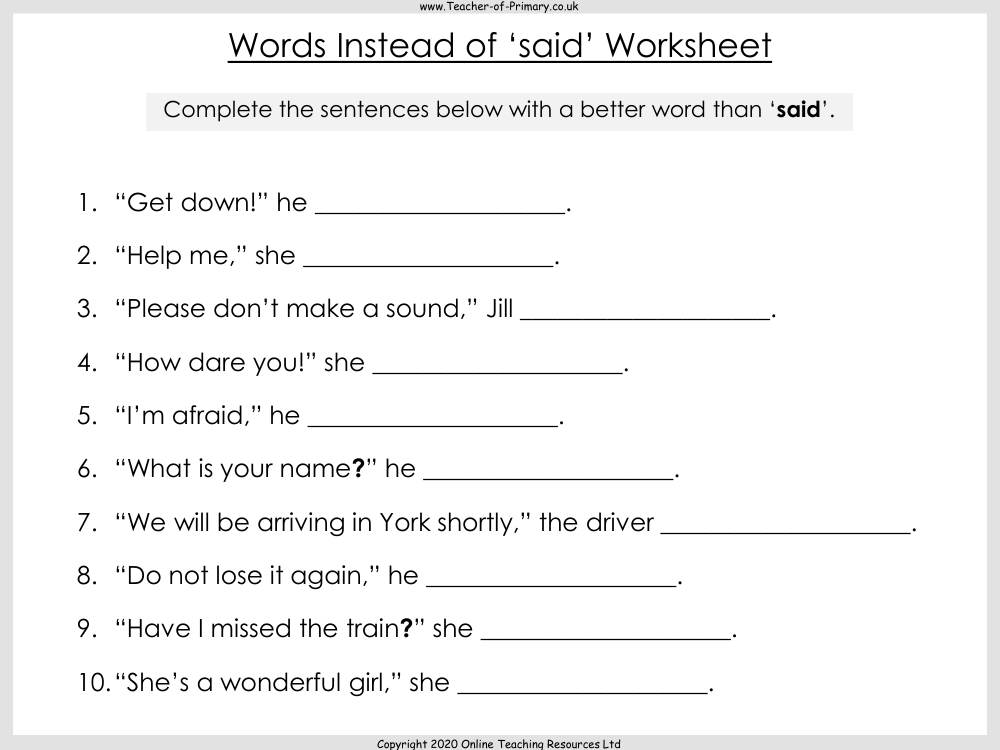 Words Instead Of Said Worksheet English Year 3