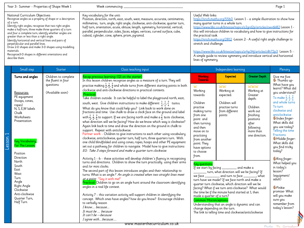 Properties of shape - Turns and angles - Planning