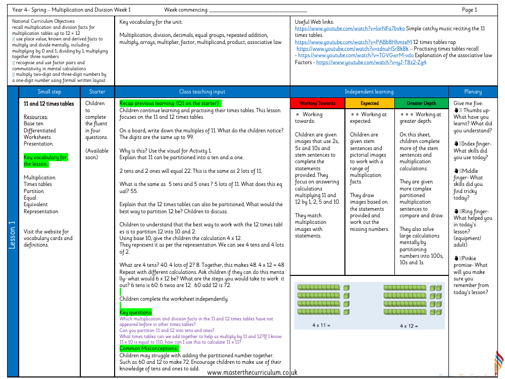 Multiplication and Division - 1 and 12 times tables - Planning