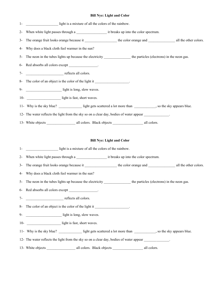 Bill Nye - Light Color Worksheet