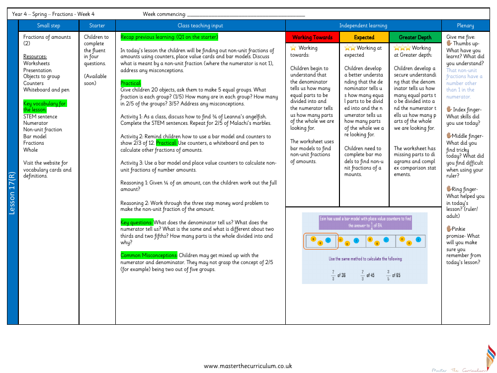 Fractions - Fractions of an amount (2) - Planning