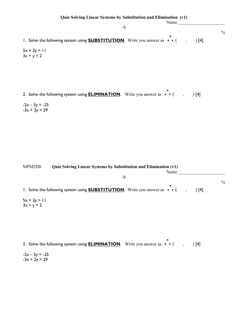 Substituation and Elimination Quiz