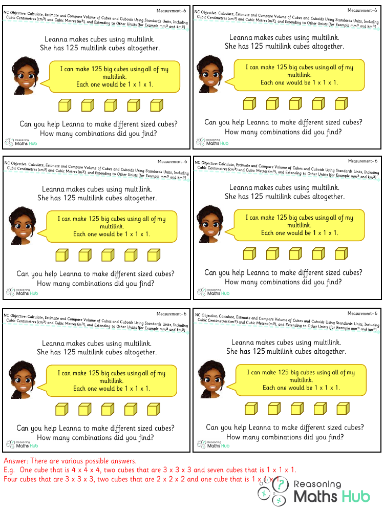Calculate, estimate and compare volume of cubes and cuboids using standards units, including cubic centimetres and cubic metres (m3), and extending to other units [for example, mm3 and km3] 2 - Reasoning