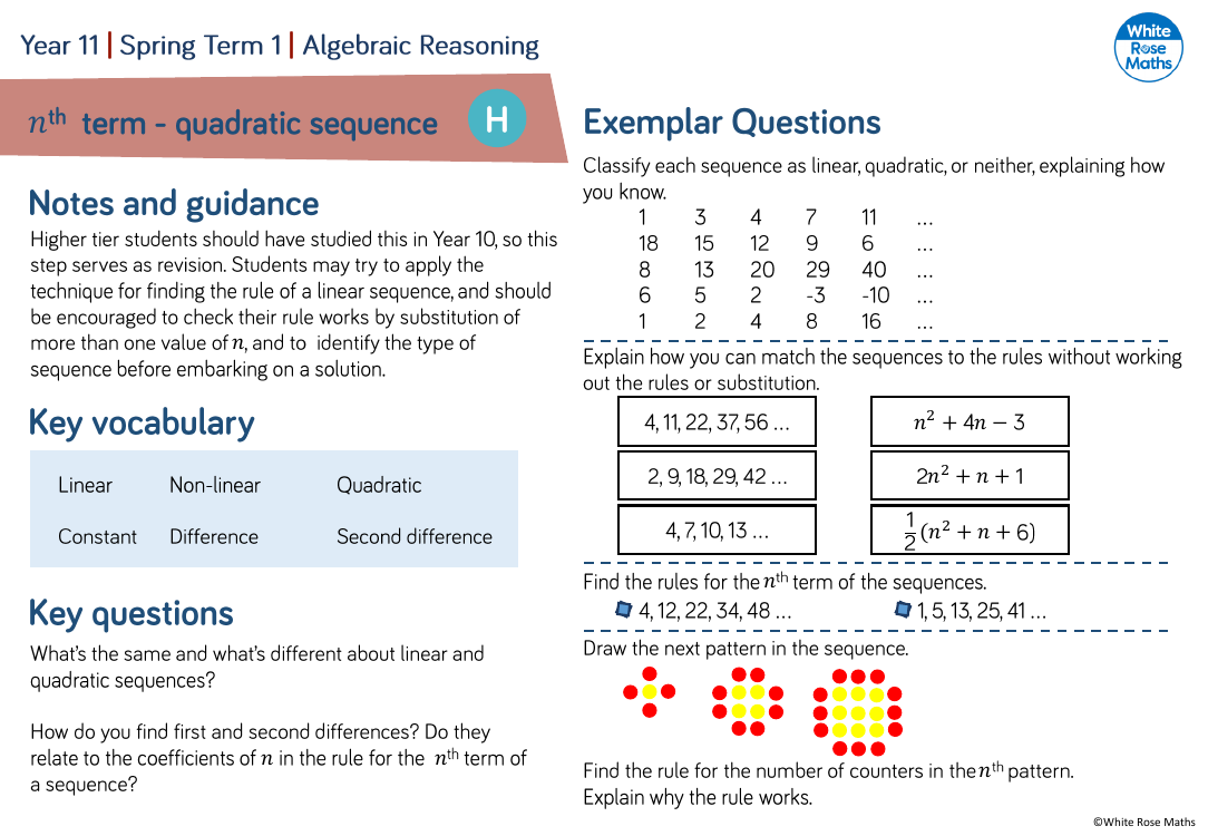 nth term of a quadratic sequence questions